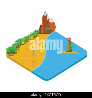 2,5D Sandstrand-Vektordesign mit Leuchtturm- und Hügelkonzept, Sandstrand-Vektor mit 2,5D-förmiger Landschaft, Strand mit Leuchtturm im Sommer Stock Vektor
