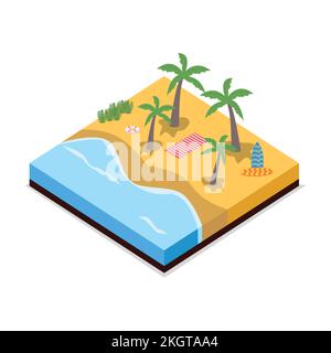 3D Sandstrand Landschaftskonzept Vektordarstellung. Sandstrand-Vektor mit Surfbrett-Konzept und Kokosnussbaum. Seashore 2,5D Art mit Rettungsring und Stock Vektor