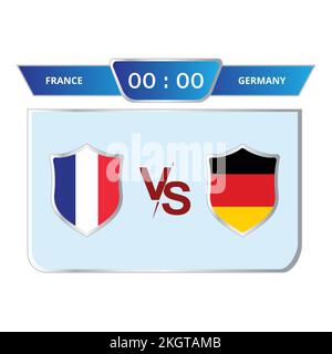 Stylisches Scoreboard für Frankreich und Deutschland mit blauer Vorlage für die unteren Drittel für Sportarten wie Fußball und Fußball. Scoreboard zur Vektordarstellung Broadca Stock Vektor