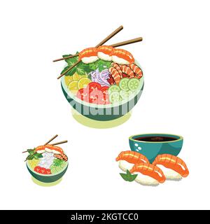 Asiatische Kulturnahrung mit drei Schüsseln. Asiatische Gerichte mit gedämpftem Reis, Garnelen, Sushi und Essstäbchen. Gemüsesalat-Vektordesign mit Gurke Stock Vektor