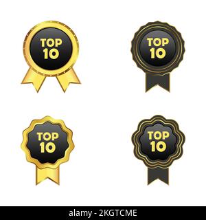 Luxuriöse Badge-Kollektion mit goldenen und schwarzen Farbtönen. königliche Top-10-Badge-Kollektion auf weißem Hintergrund. Top-10-Abzeichen mit Band. Stock Vektor
