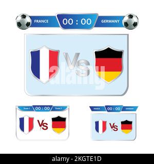 Fußballspiel stylische Anzeigetafel. Shield Shapes and Blue color Lower Thirds Kollektion. Sport wie Fußball oder Fußball. Frankreich vs. Deutschland Vector illu Stock Vektor