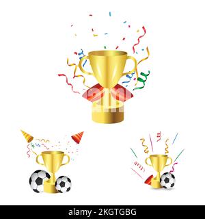 Trophäen-Vektorkollektion mit einem Fußball für die Feier eines Fußballspiels. Trophäen-Kollektion in goldenen Farben zur Feier des Siegerteams. Siegertrophäe vect Stock Vektor