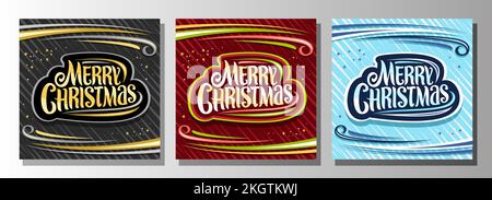 Vektor-Weihnachtskarten, quadratische verschiedene Poster mit Illustrationen von dekorativen Konfetti und geschwungenen Motiven, Abzeichen mit einzigartiger Pinselbeschriftung für w Stock Vektor