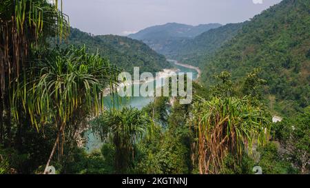 Wunderschönes Landschaftspanorama des Siang oder Siyom Flusstals mit Pandanusbäumen im Vordergrund, West Siang, Arunachal Pradesh, Indien Stockfoto