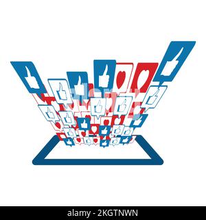 Social-Media-Designelemente mit eleganten Tasten. „Love and Like“-Schaltfläche für soziale Medien das elegante Vektordesign des Tablets. Vektor der blauen und roten Farbschattierung Stock Vektor