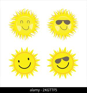 Sonnenaufkleber mit runder Form und gelber Farbe. Süße Sonne mit lächelndem Gesicht und einer coolen Sonnenbrille. Gelber Sonnenstrahl, der aus dem Sonnenvektordesign kommt. Sonne Stock Vektor