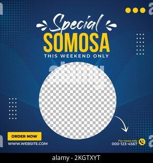 Restaurantmenüs mit Samosa-Vektordarstellung. Wunderschönes Restaurantmenü mit einem Angebot auf blauem Hintergrund. Angebot für Speiserestaurant Stock Vektor