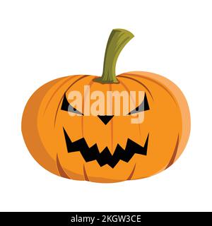 Halloween-Kürbis-Design mit einem gruseligen Teufelsgesicht auf weißem Hintergrund. Kürbisvektordarstellung für Halloween-Ereignisse in Orange und Grün. H Stock Vektor