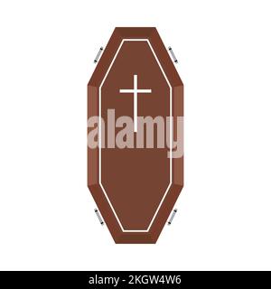 Ein gruseliges Vektordesign für Halloween-Särge auf weißem Hintergrund. Halloween-Sarg mit holzfarbenem Farbton und christlichem Kreuz. Holzfarbener Sarg vecto Stock Vektor