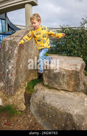 Ein kleiner blonder Kaukasier (im Alter von 4 Jahren), der ein gelbes Oberteil und blaue Jeans trägt, springt beim Spielen im Woking Park von Felsen. Wackeln, Surrey Stockfoto