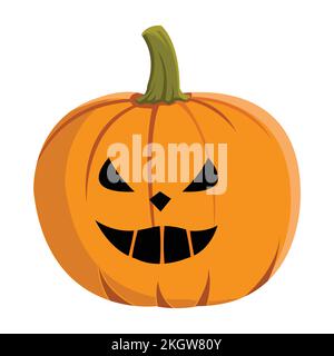 Kürbis-Design mit gruseligen Augen und Mund für Halloween-Veranstaltungen in Orange und Grün. Runde Kürbislaterne mit lächelndem Gesicht auf weißem Ba Stock Vektor