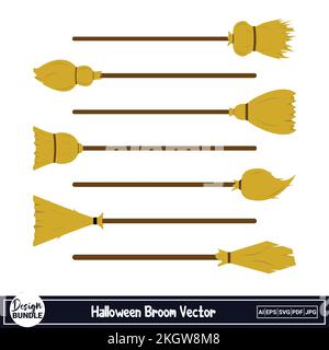 Halloween gruseliges Hexenbesen-Vektordesign auf weißem Hintergrund. Gruseliges Besenstiel-Design in Holzfarbe und goldenem Farbton. Halloween gruseliger Hexenbruder Stock Vektor