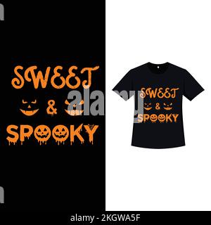 Schwarzes Halloween-T-Shirt-Design mit orangefarbener Kalligraphie. Halloween-Design mit zwei lächelnden Gesichtern und Kalligraphie. Gruselige T-Shirt-des Stock Vektor