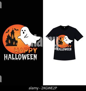 Schwarzes Halloween-T-Shirt mit Spukhaus. Halloween-Design mit niedlichem Geist und gruseliger Kalligrafie. Gruseliger T-shir Stock Vektor