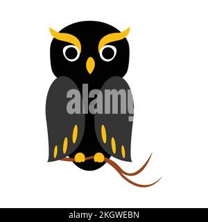 Eine gruselige Halloween-Eule mit dunkelschwarzem und gelbem Farbton. Halloween-Design mit schwarzer Eule auf weißem Hintergrund. Gruseliges Design für Halloween-Ereignisvektor Stock Vektor