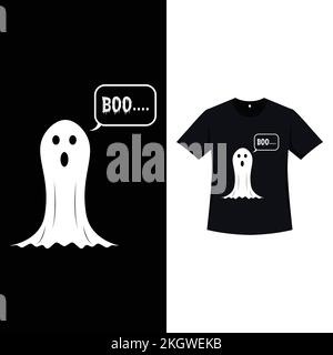 Einfaches schwarzes Halloween-T-Shirt-Design mit weißem Geist und Typografie. Lustige Halloween-Elemente mit weißem Geist und Kalligraphie. Unheimlich Stock Vektor