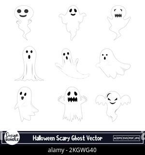 Gruseliges Geisterdesign in Weiß und schwarzem Farbton. Halloween-Kollektion mit gruseligen Geistermotiven. Halloween gruseliges Geistervektordesign auf einem weißen Backgro Stock Vektor