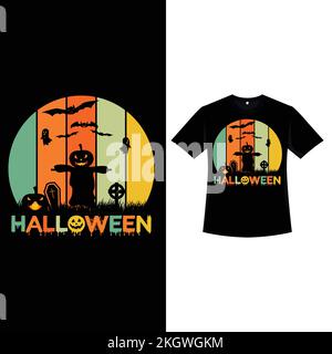 Halloween-T-Shirt-Design in Vintage-Farben mit einer gruseligen Vogelscheuche. Halloween-Modedesign mit Vogelscheuchen- und Kürbislaternen-Silhouette. Beängstigend Stock Vektor