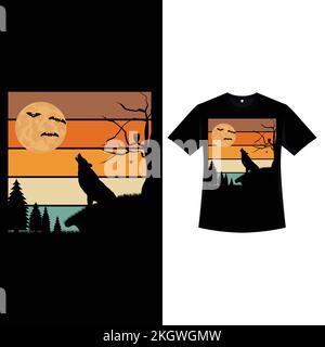 Halloween-T-Shirt-Design im Retro-Look mit heulendem Wolf. Halloween-Modedesign mit einer Silhouette aus Wolf und Mond, einem Schläger und einem toten Baum. Gruselige Vin Stock Vektor