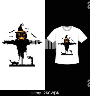 Halloween-T-Shirt-Design mit gruseliger Vogelscheuche. Halloween-Modedesign mit einer Silhouette aus Katze und Vogelscheuche. Gruselige Vintage-T-Farbe Stock Vektor