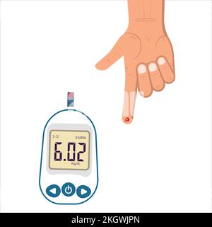 Das Konzept der Diabetesbehandlung. Blutstropfen-Teststreifen. Diabeteskonzept, Arzt prüft Blutzuckerspiegel mit einem Glukometer. Medizinische Diagnostik bei Ho Stock Vektor