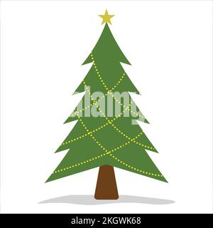 Weihnachtsbaum mit Schnee dekoriert. Weihnachten traditioneller Symbolbaum mit Glühbirnen. Einfaches Weihnachtsbaumdesign. Merry Christmas Simple Tree Design wi Stock Vektor