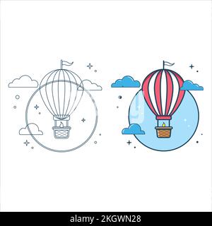 Design für ein farbiges Buch mit Heißluftballon für Kinder. Heißluftballon-Flugdesign auf weißem Hintergrund. Farbbuch-Seitendesign für Kinder mit Heißluftballo Stock Vektor