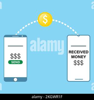Personen, die Geld drahtlos mit ihren Mobiltelefonen senden und empfangen. Smartphone mit Banking Payment App. Moderne, flache Konzeptvektorillustrierung Stock Vektor