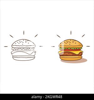 Burger Malbuch-Vektordesign. Malbuch für Kinder. Zeichenbuchseiten-Illustrationen für Kinder. Burger Malbuch Illustrationsdesign. Delikatessen Stock Vektor