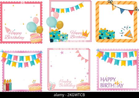 Happy Birthday – Bilderrahmen mit Geschenken, Ballons und anderen Partyelementen. Rahmendesign mit Geburtstagswünschen, Kuchen und Party-Banner. Kollektion o Stock Vektor