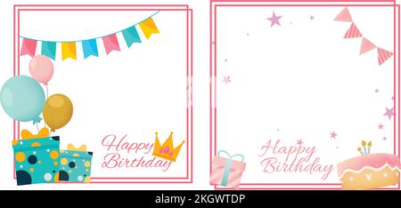 Happy Birthday Wunschzettel mit Kuchen und Party-Banner. Happy Birthday – Bilderrahmen mit Partyelementen. Sammlung von Geburtstagsfoto fram Stock Vektor
