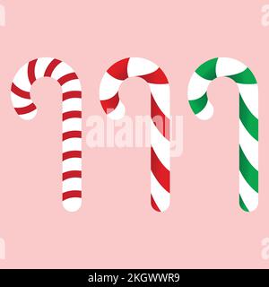 Weihnachtlicher Zuckerrohr mit roten, grünen und weißen Streifen auf pinkfarbenem Hintergrund. Set mit drei Weihnachtsbonbons zur Dekoration von Karten. Christm Stock Vektor