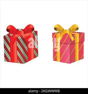 Weihnachtsgeschenke im Vektordesign auf weißem Hintergrund. Geschenkbox mit pinkfarbenem und rotem Geschenkpapier und goldfarbenem und rotem Band. Geschenk Stock Vektor