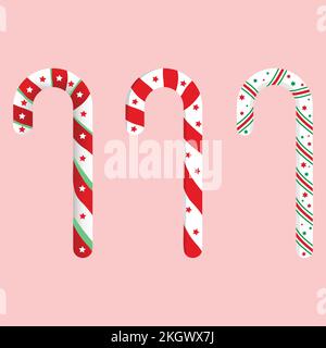Weihnachtliches Design mit Zuckerstangen in Rot, Grün und Weiß auf pinkfarbenem Hintergrund. Set mit Weihnachtsbonbons zur Kartendekoration. Weihnachten Zuckerrohr vec Stock Vektor