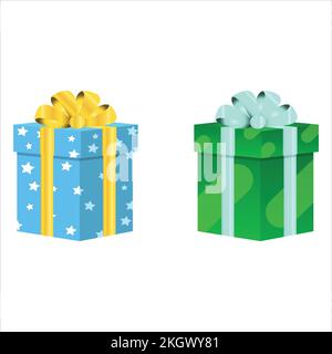 Weihnachtsgeschenke im Vektordesign auf weißem Hintergrund. Geschenkbox mit grün-hellblauem Geschenkpapier und goldweißen Rippen Stock Vektor