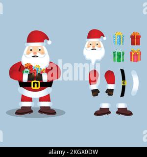 Weihnachtsmann-Vektordesign auf rostigem hellblauem Hintergrund. Weihnachtsmann-Designelemente mit vielen Weihnachtsgeschenken. Wunderschöner Weihnachtsmann Stock Vektor