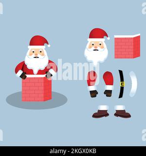 Weihnachtsmann-Vektordesign auf rostigem hellblauem Hintergrund. Santa Claus-Elemente-Design mit einem Hauskamin. Ein Weihnachtsmann, der versucht, mich zu erwischen Stock Vektor