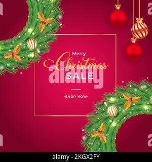 Bannerdesign für Weihnachtsangebote mit dekorativen Bällen in Rot und Typografie. Flyer-Design mit sternförmigen Lichtern und Kränzen im Weihnachtsangebot. Christma Stock Vektor