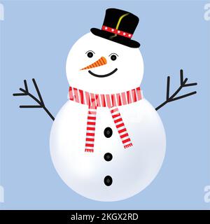 Schneemann-Vektordesign auf blauem Hintergrund. Weihnachtsdesign mit Schneemann. Ein Schneemann im Winter mit Nackenschalldämpfer, Hut, Ast, Knöpfen und Karotte Stock Vektor