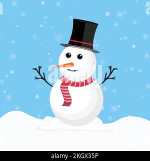 Weihnachts-Schneemann mit Zaubermütze. Schnee fällt im Hintergrund mit einem Schneemann. Schneemann mit rotem Schal. Weihnachtsbaumdesign mit Ast, schwarz Stock Vektor