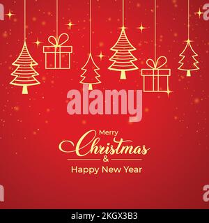 Rote Weihnachtskarte mit goldener Geschenkbox und goldenem Kiefernbaum-Symbol. Weihnachtsbanner auf rotem Hintergrund. Weihnachtsgutschein mit goldenen Elementen und Rot Stock Vektor