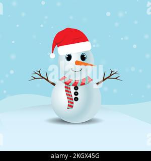 Weihnachts-Schneemann mit rotem Schal. Schneefall im Hintergrund. Schneemann mit süßen Augen und Weihnachtsmannmütze. Stock Vektor