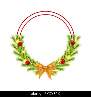Weihnachtsrahmen mit roter Dekorationskugel und Sternenbeleuchtung. Weihnachtsrahmen auf weißem Hintergrund. Weihnachtsball, Weihnachtsrahmen, goldenes Band, runder Rahmen, pi Stock Vektor