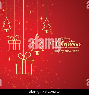 Weihnachtskarte mit Geschenken und einem goldenen Kiefernbaum-Symbol. Weihnachtsbanner auf luxuriösem rotem Hintergrund. Weihnachtsgutschein mit goldenen Elementen und Rot Stock Vektor