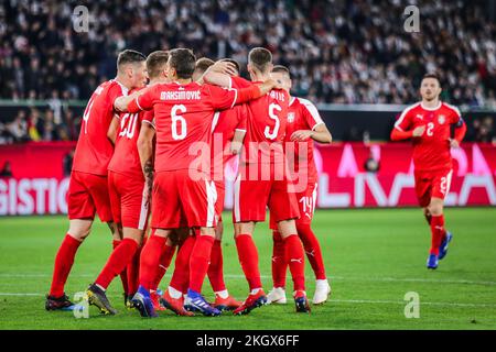 Wolfsburg, Deutschland, 20. März 2019: Serbische Nationalmannschaft feiert ein Tor während des internationalen Fußballspiels Deutschland gegen Serbien Stockfoto