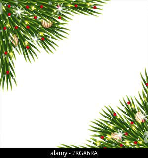 Weihnachtsecken mit roten Beeren und Dekorationskugel. Weihnachtsecke mit Schneeflocken und grünen Blättern. Weihnachtsecke, Weihnachtselement, grüner Urlaub Stock Vektor