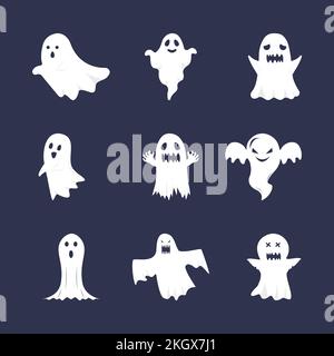 Halloween flache Geistervektorsammlung. Süßes Geisterbündel. Weiße Geister auf dunklem Hintergrund. Halloween-Gespenster. Flaches Halloween-Geisterdesign. Stock Vektor