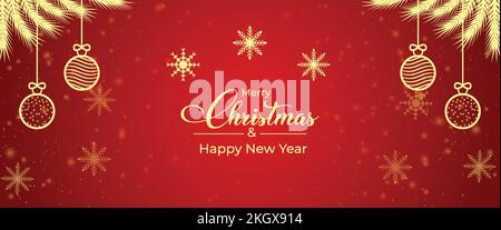 Frohe Weihnachtsgrußkarte mit Bällen, Schneeflocken. Weihnachtsschmuck, goldener Pinienzweig. Social-Media-Banner mit goldenen Elementen und Baumstruktur Stock Vektor