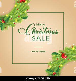 Weihnachtsbanner mit grünen Kränzen und roten Beeren. Weihnachtsbanner auf goldenem Hintergrund. Fröhliches Weihnachtsbanner mit roten Dekorationsbällen Stock Vektor